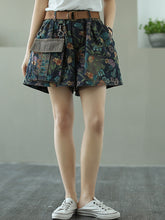Women Retro Printed Personality Pocket Loose High Waist Casual Pants
